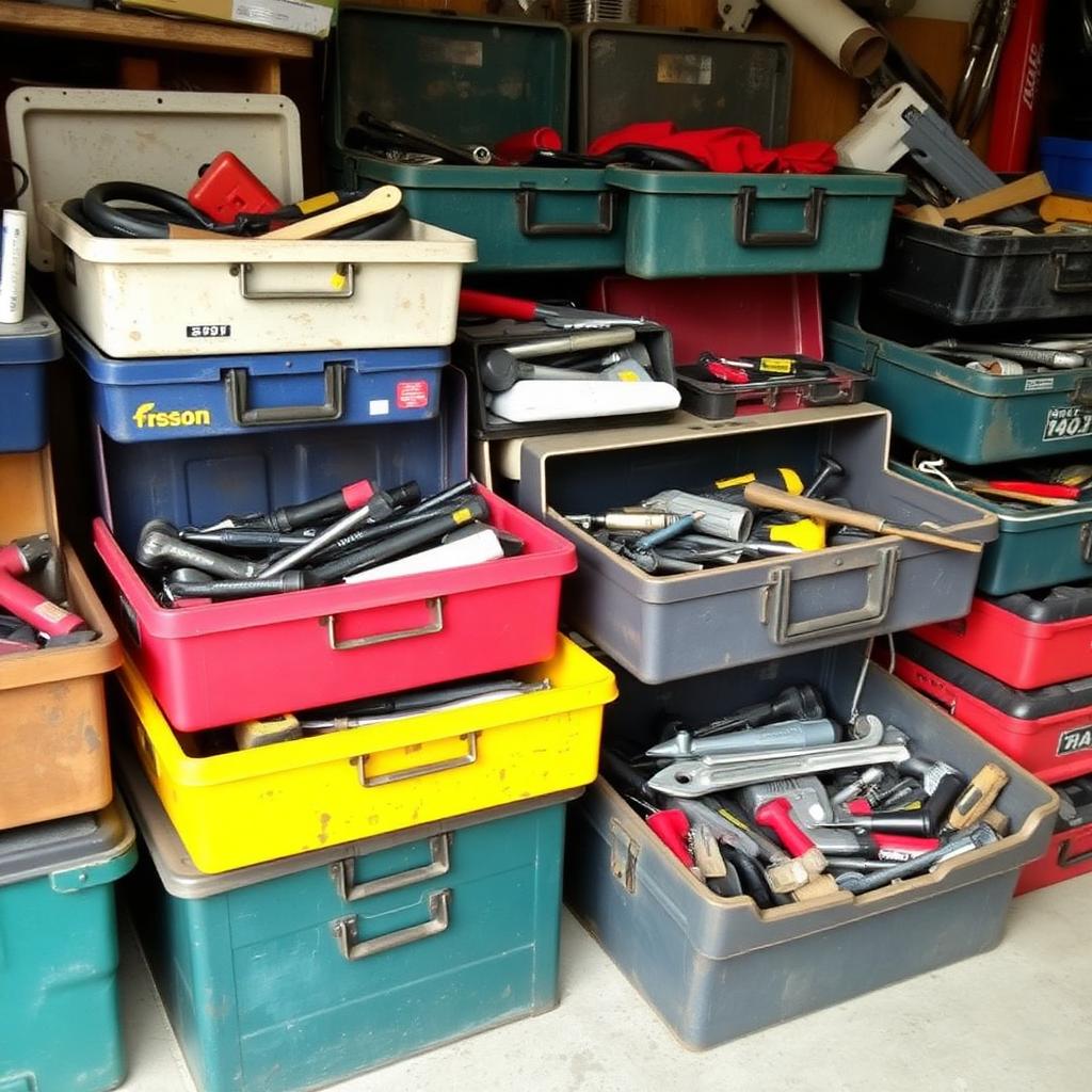 Diverse Werkzeugkisten, bunt gemischt